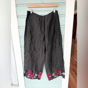 Citron black crinkly pants floral embroidered hem linen blend wide leg artsy M